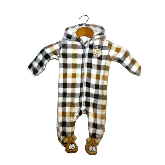 NWOT Baby Mack Infant Fleece Plaid Hooded Romper with Bear Feet 3-6 Months - Picture 1 of 6